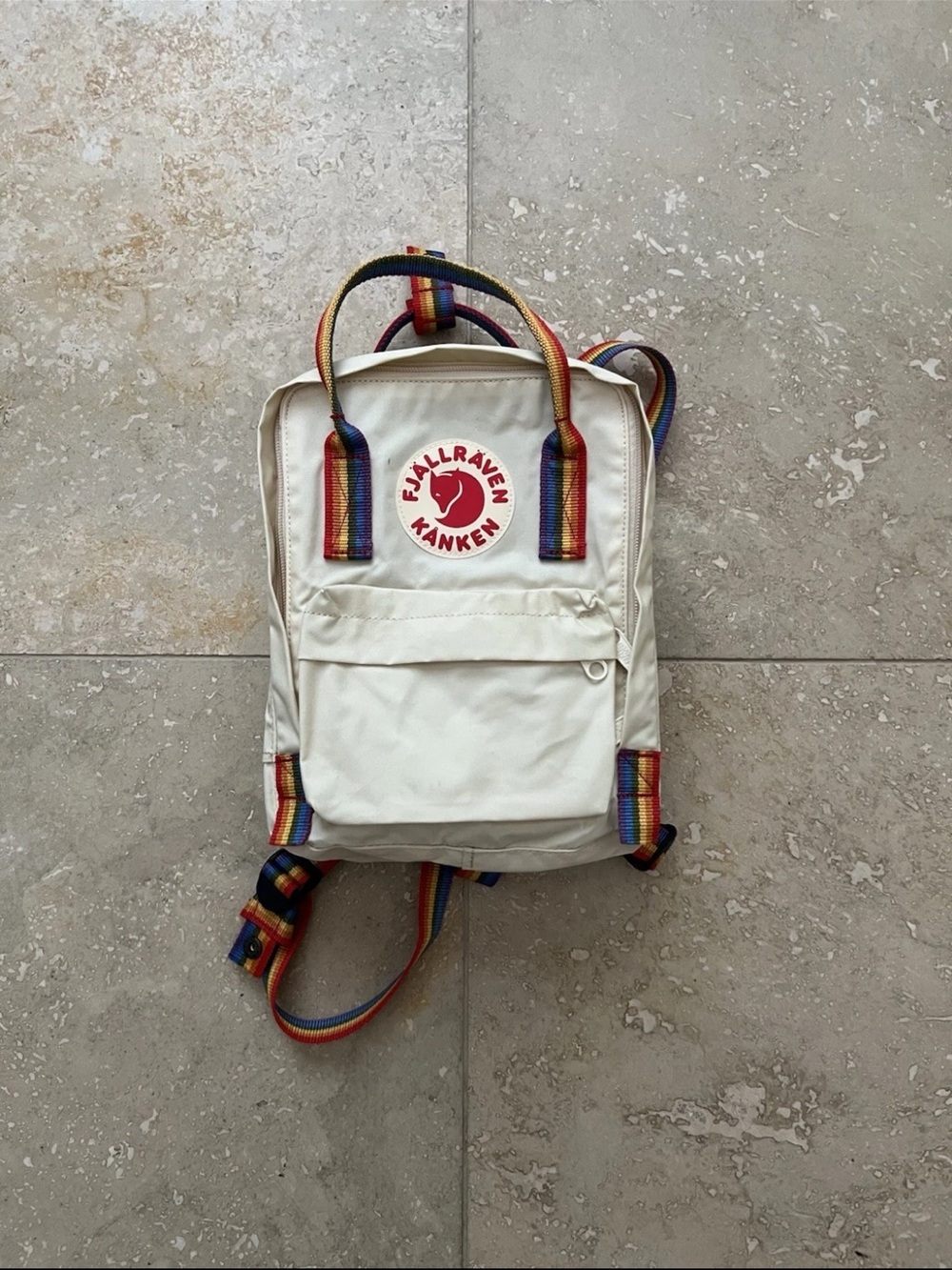 Fjallraven Kanken Light Oak Rainbow Strap Mini Backpack